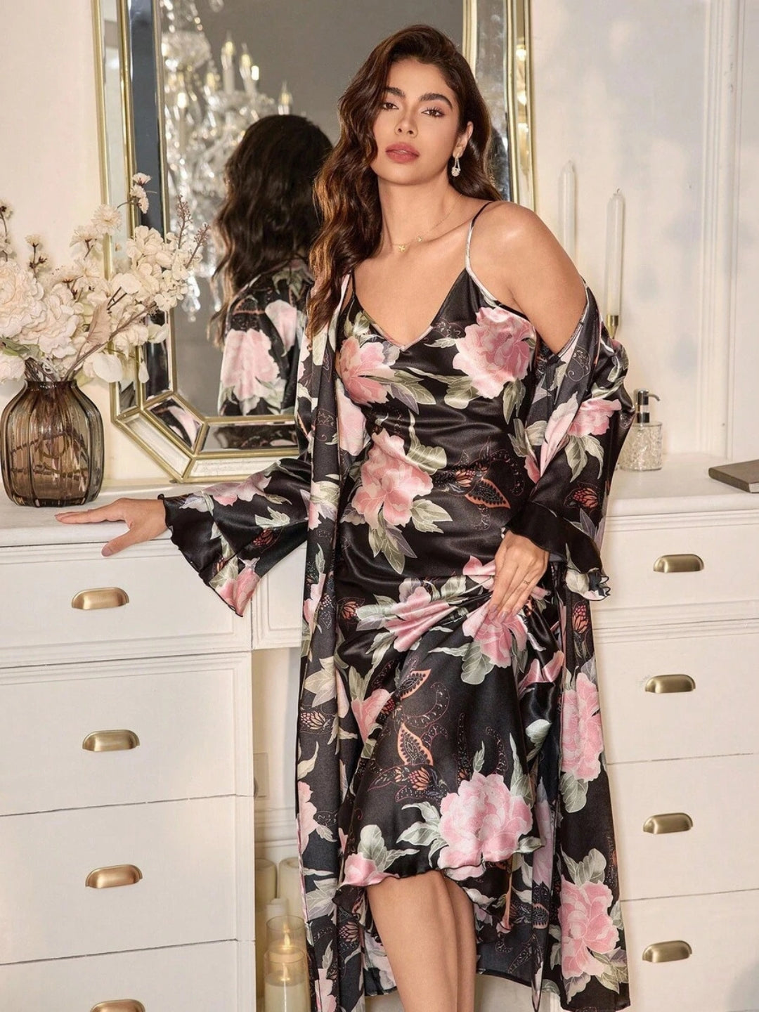 11017-Women’s Floral Satin Nightdress with Matching Robe – Soft Luxury Nightwear Set