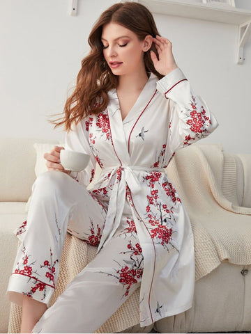 11009-Women’s Satin Floral Pajama Set with Matching Robe – Luxury Sleepwear Loungewear Set