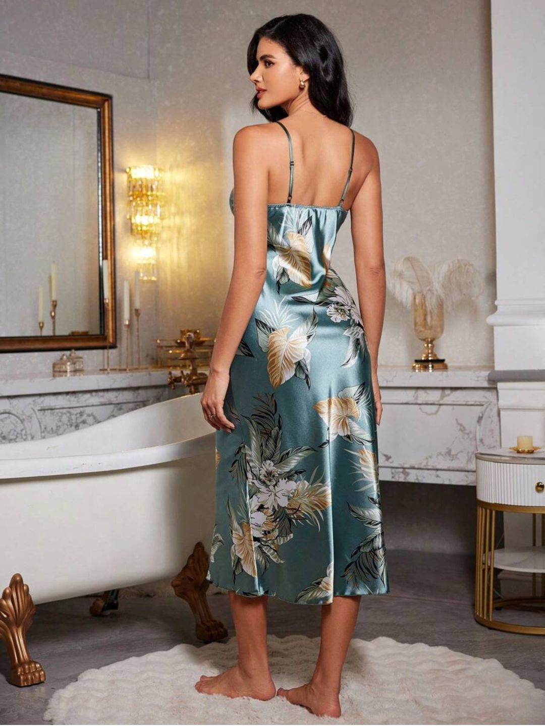 11001-Pink Floral Satin Nightdress with Robe