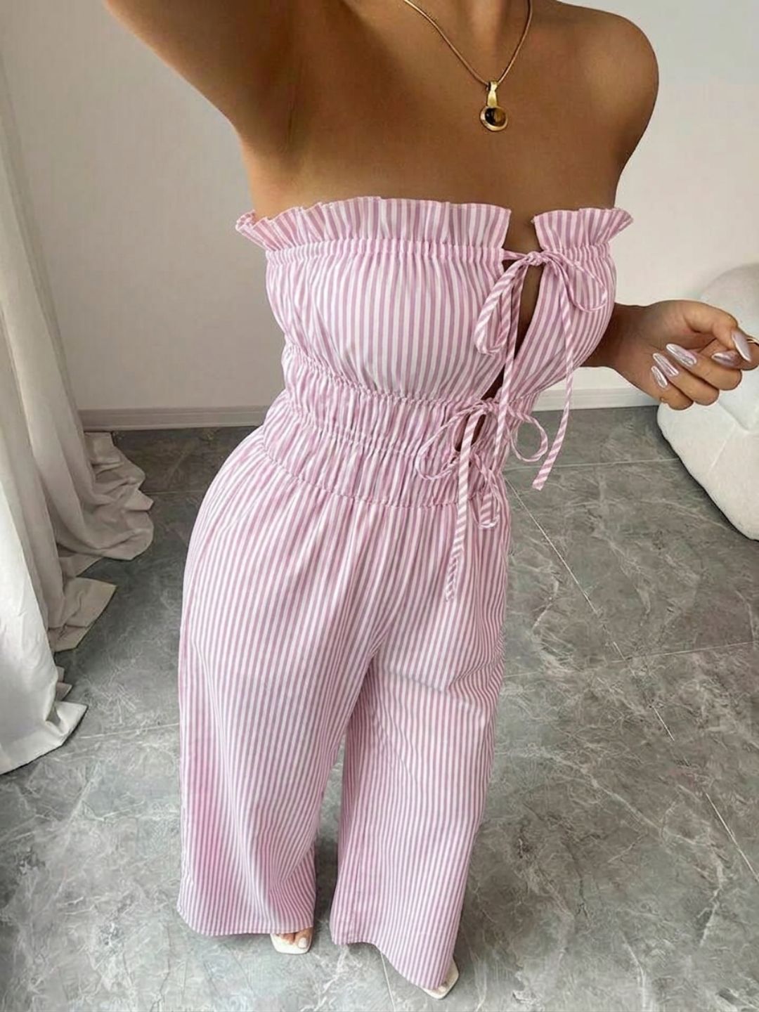 11038 - Women pink & White Striped Cotton Night Suit