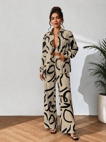 11053-Women Beige & Black Abstract Printed Three-Piece Co-Ord Set