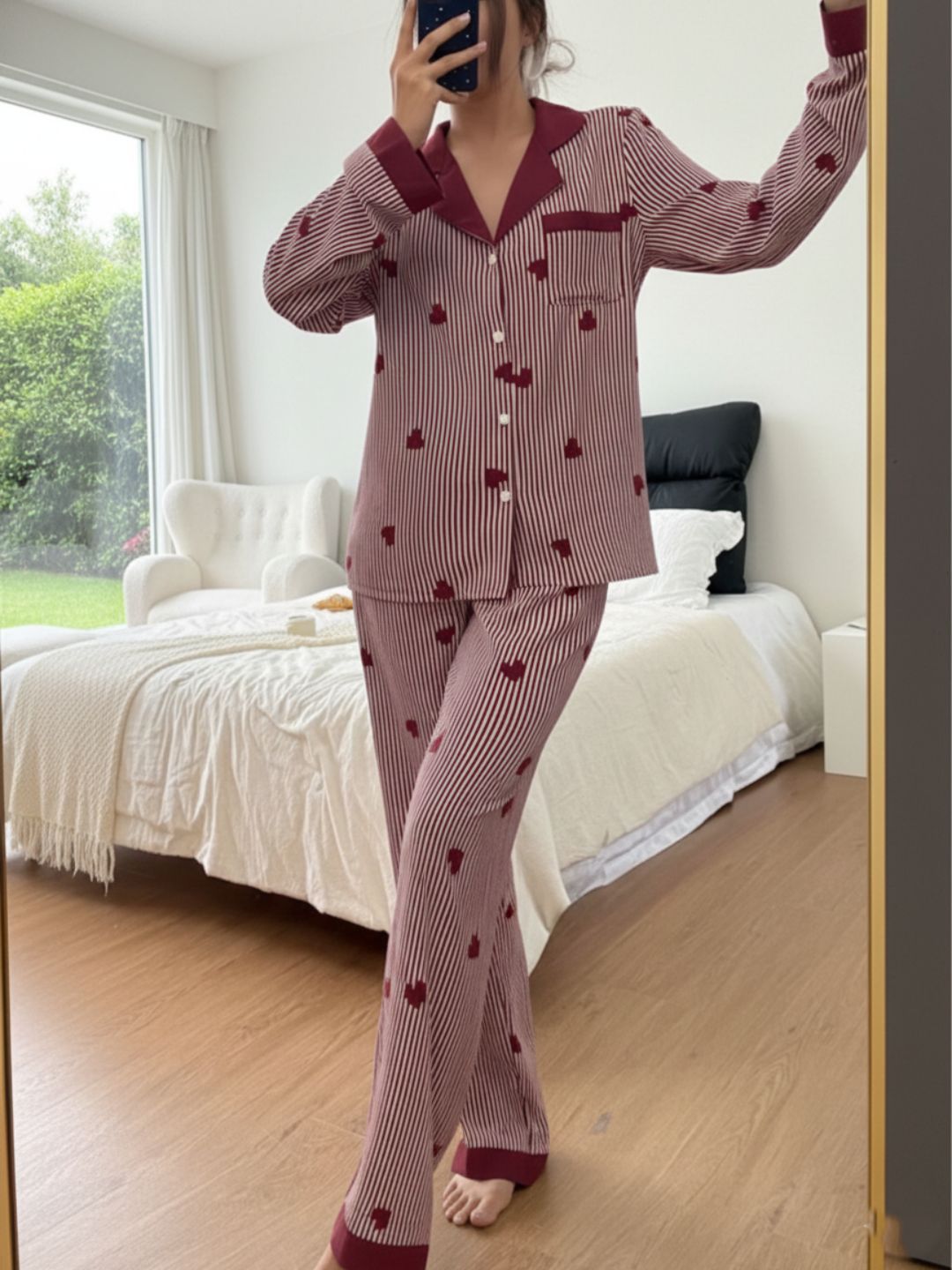 11016-Women Black & White Striped Heart Print Comfortable Shirt & Pyjama Nightwear Set