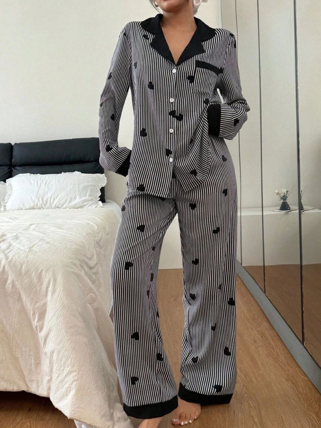 11016-Women Striped Heart Print Comfortable Shirt & Pyjama Nightwear Set