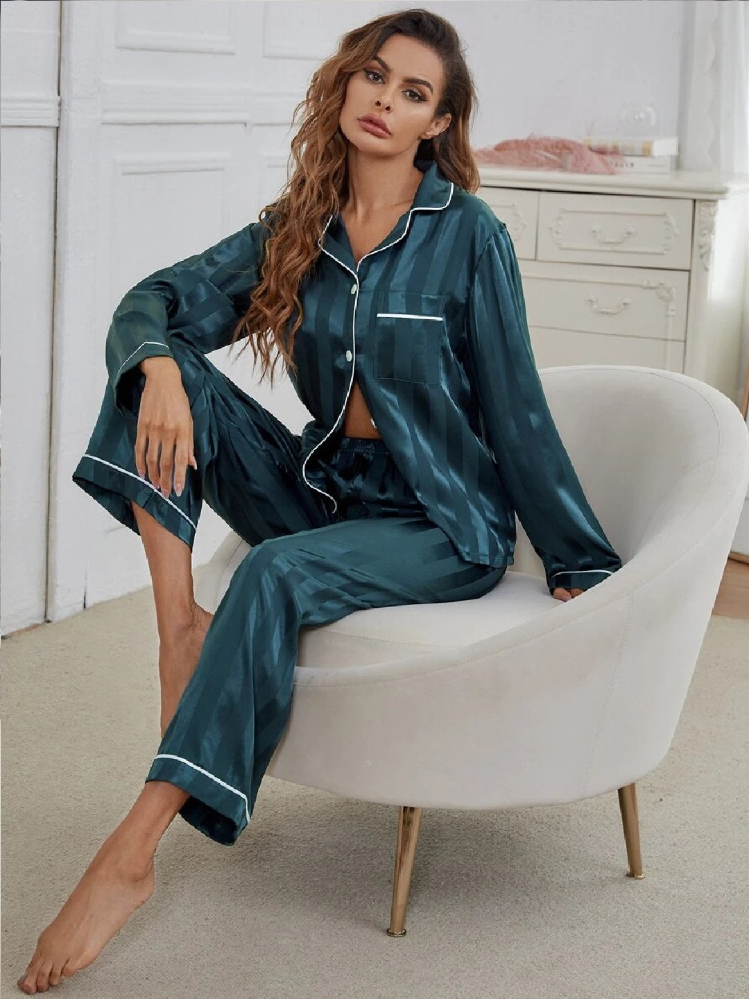 11013-Women Satin Finish Shirt & Pyjama Night Suit Set
