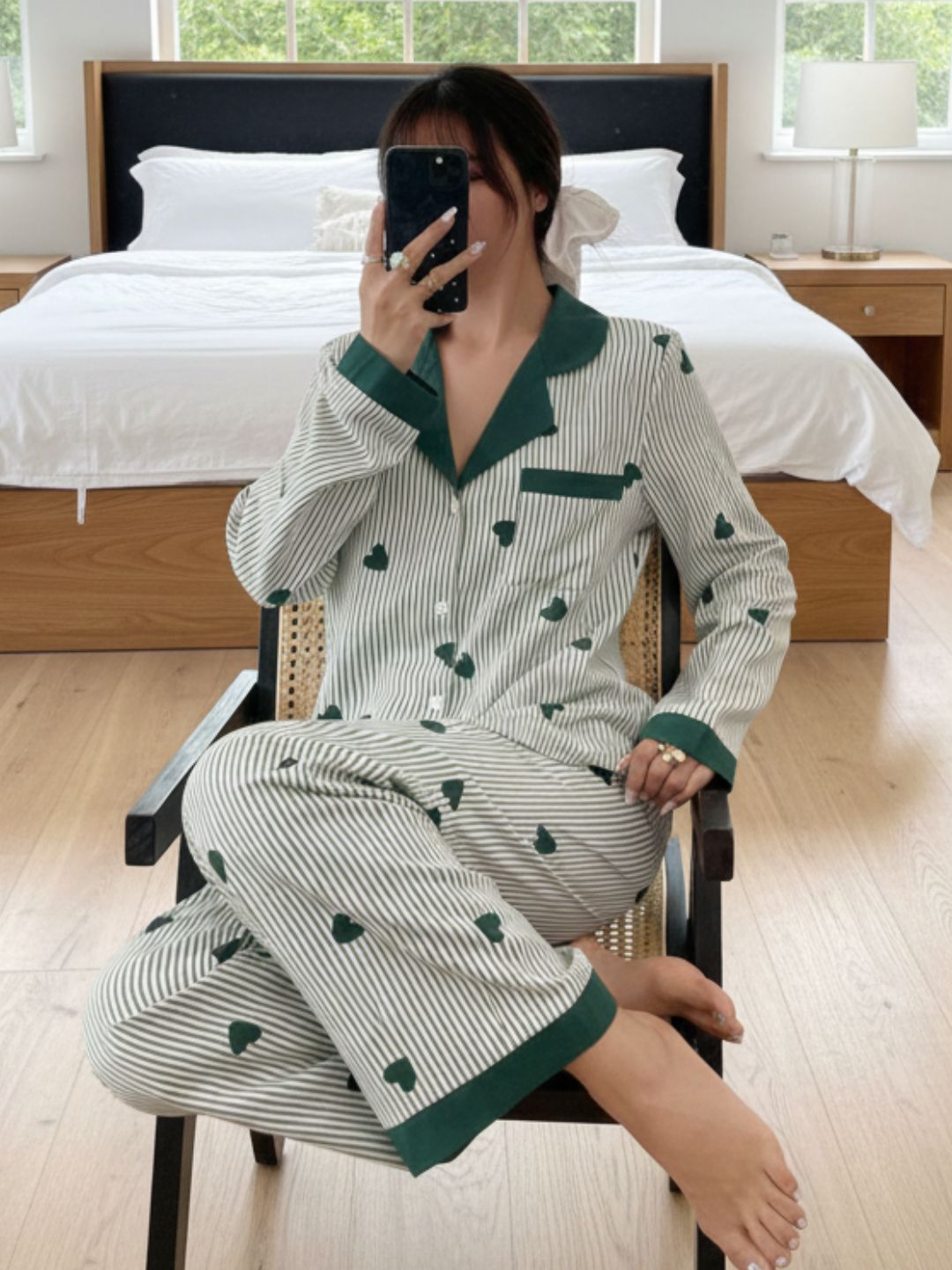 11016-Women Black & White Striped Heart Print Comfortable Shirt & Pyjama Nightwear Set