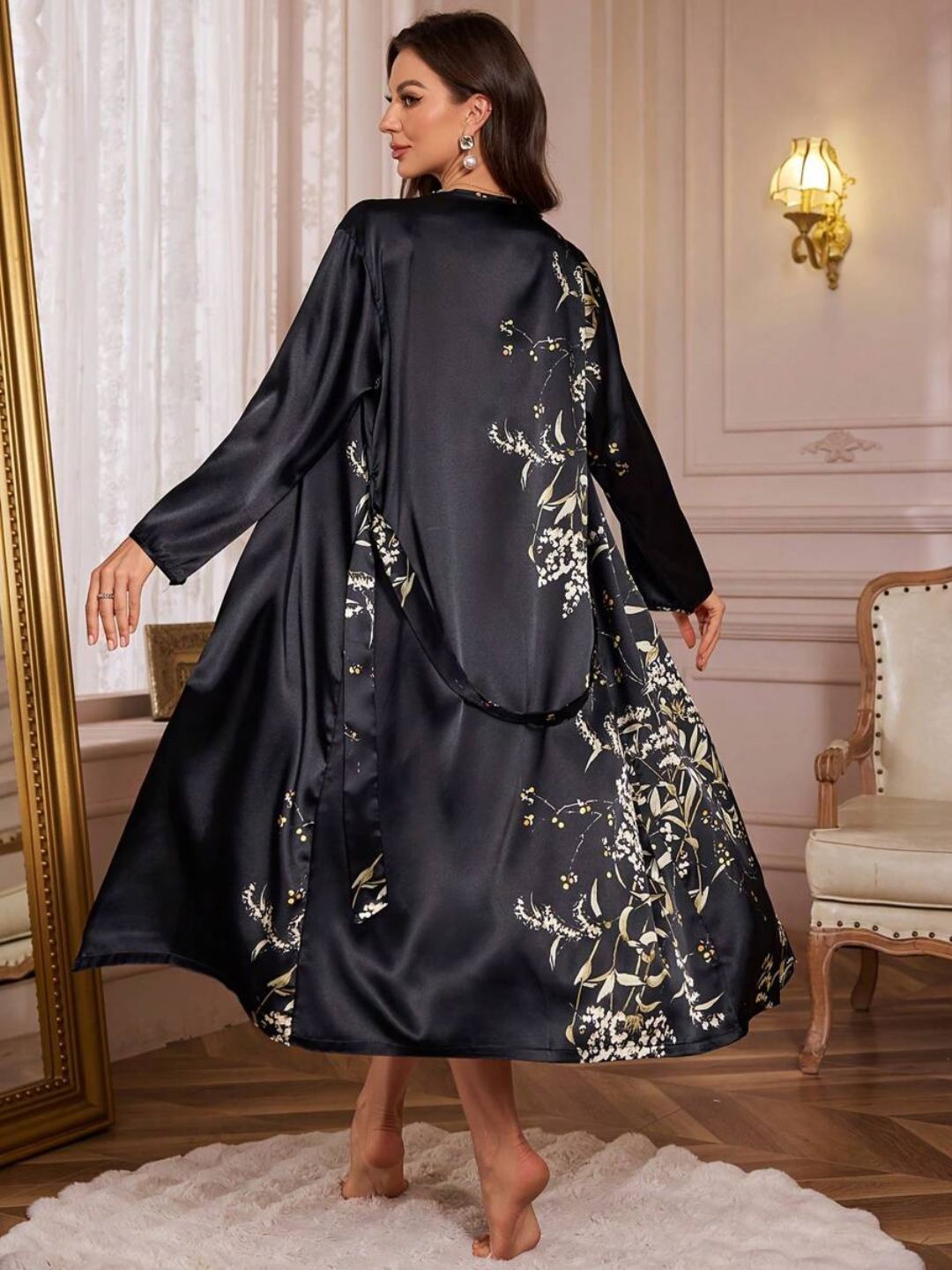 11003-Black Floral Satin Nightwear Robe Set for Women – Elegant Night Dress & Sleepwear