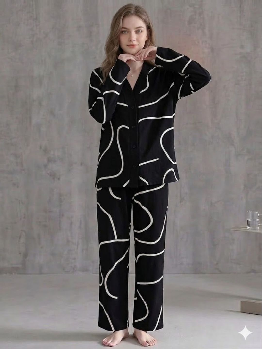 11034-Women Abstract Printed Shirt Collar Night Suit Set