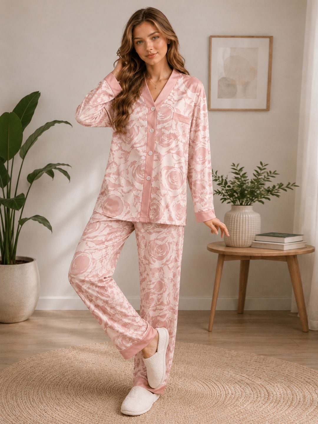 11052- Women Printed Satin Night Suit Set