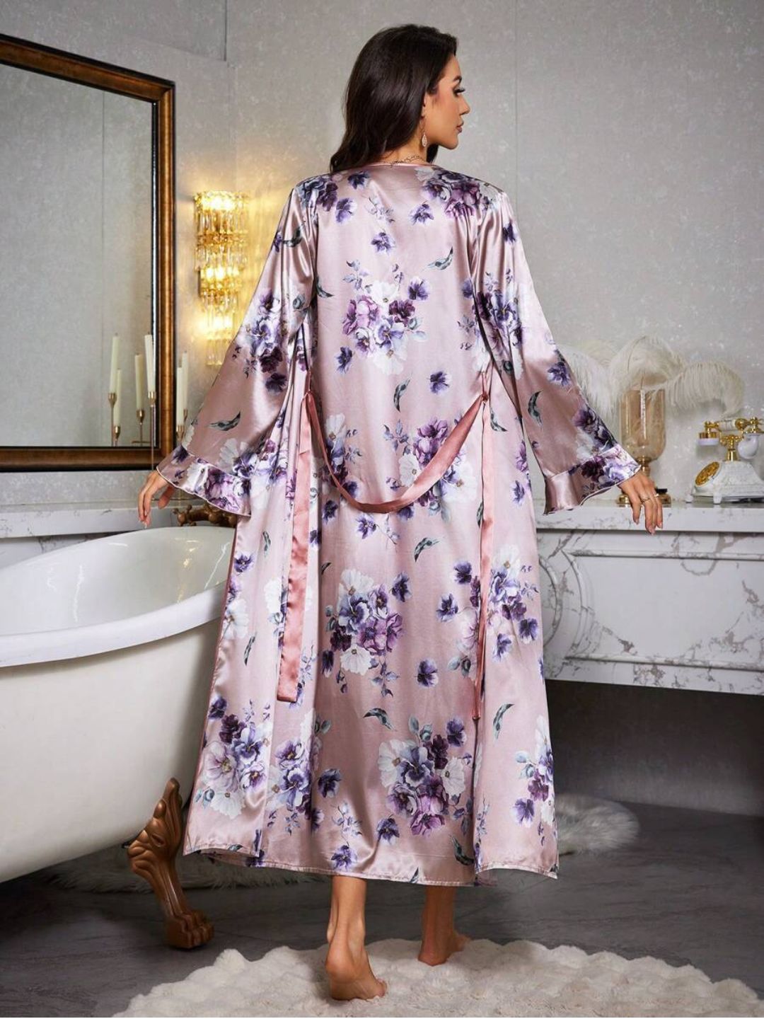 11001-Pink Floral Satin Nightdress with Robe