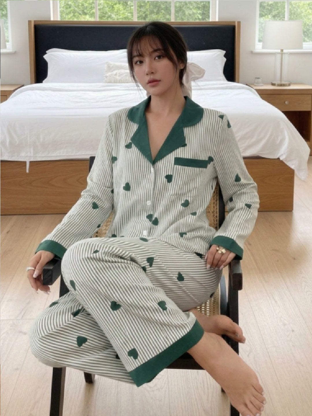 11016-Women Striped Heart Print Comfortable Shirt & Pyjama Nightwear Set