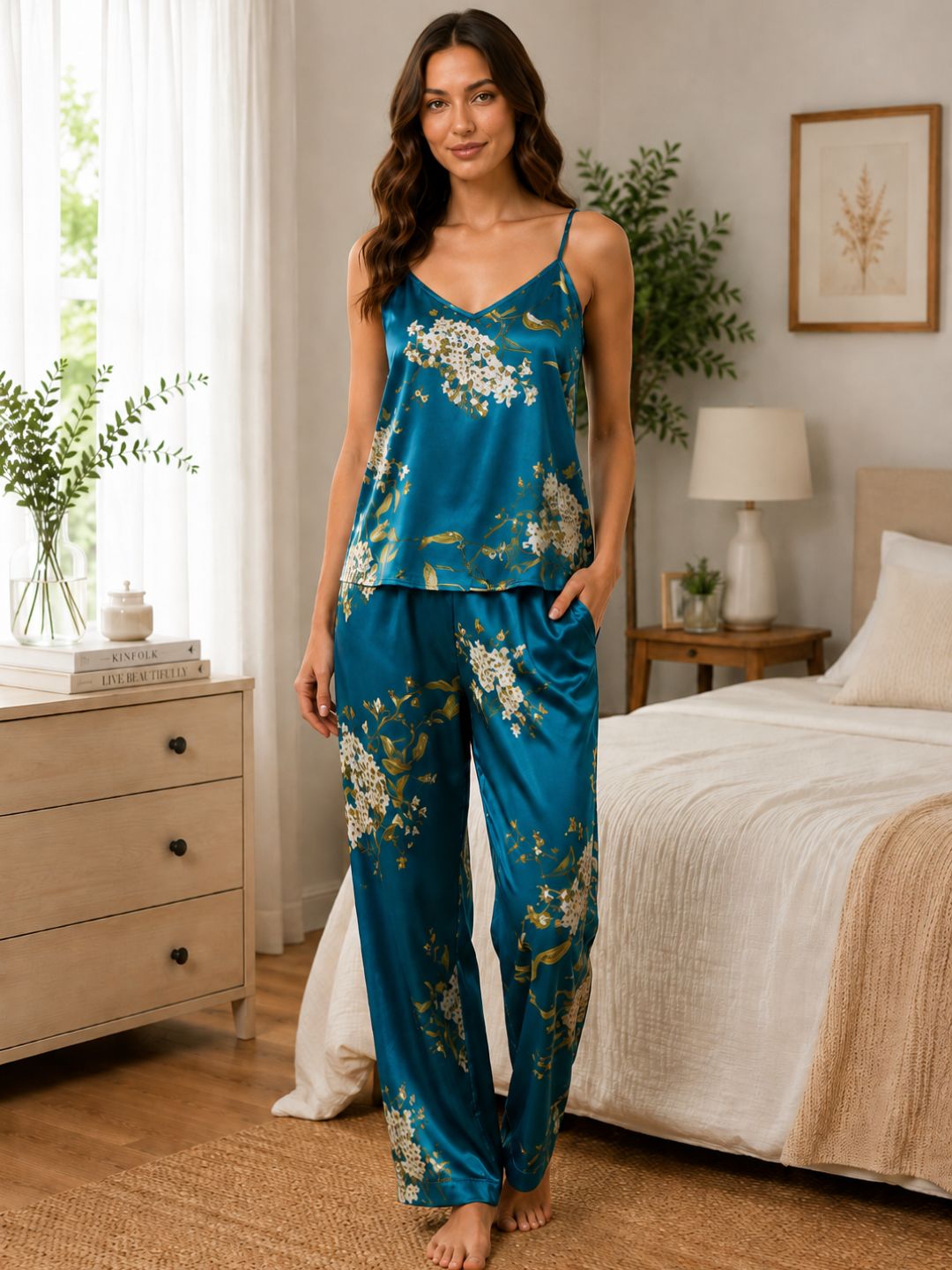 11060-Women Floral Printed Satin Camisole Top with Lounge Pants Night Suit Set
