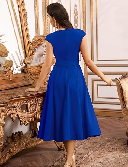 Women's Elegant Royal Blue A-Line Cap Sleeve Midi Dress with Self-Tie Bow Belt