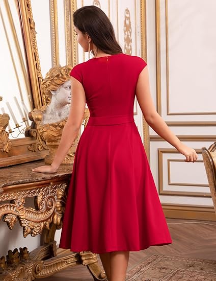 Women's Elegant Red A-Line Cap Sleeve Midi Dress with Self-Tie Bow Belt