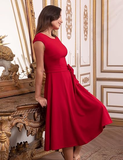 Women's Elegant Red A-Line Cap Sleeve Midi Dress with Self-Tie Bow Belt