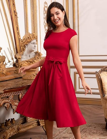 Women's Elegant Red A-Line Cap Sleeve Midi Dress with Self-Tie Bow Belt