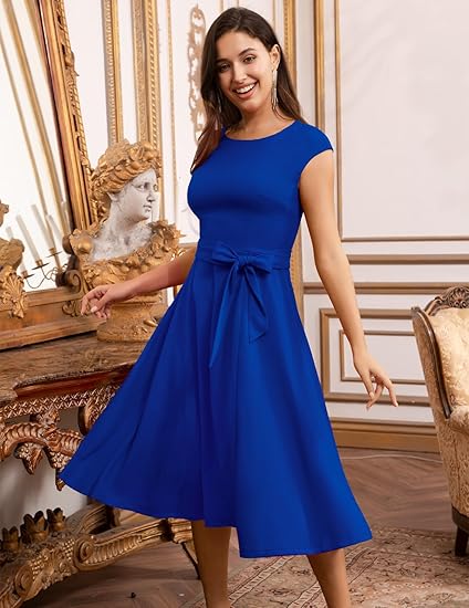 Women's Elegant Royal Blue A-Line Cap Sleeve Midi Dress with Self-Tie Bow Belt