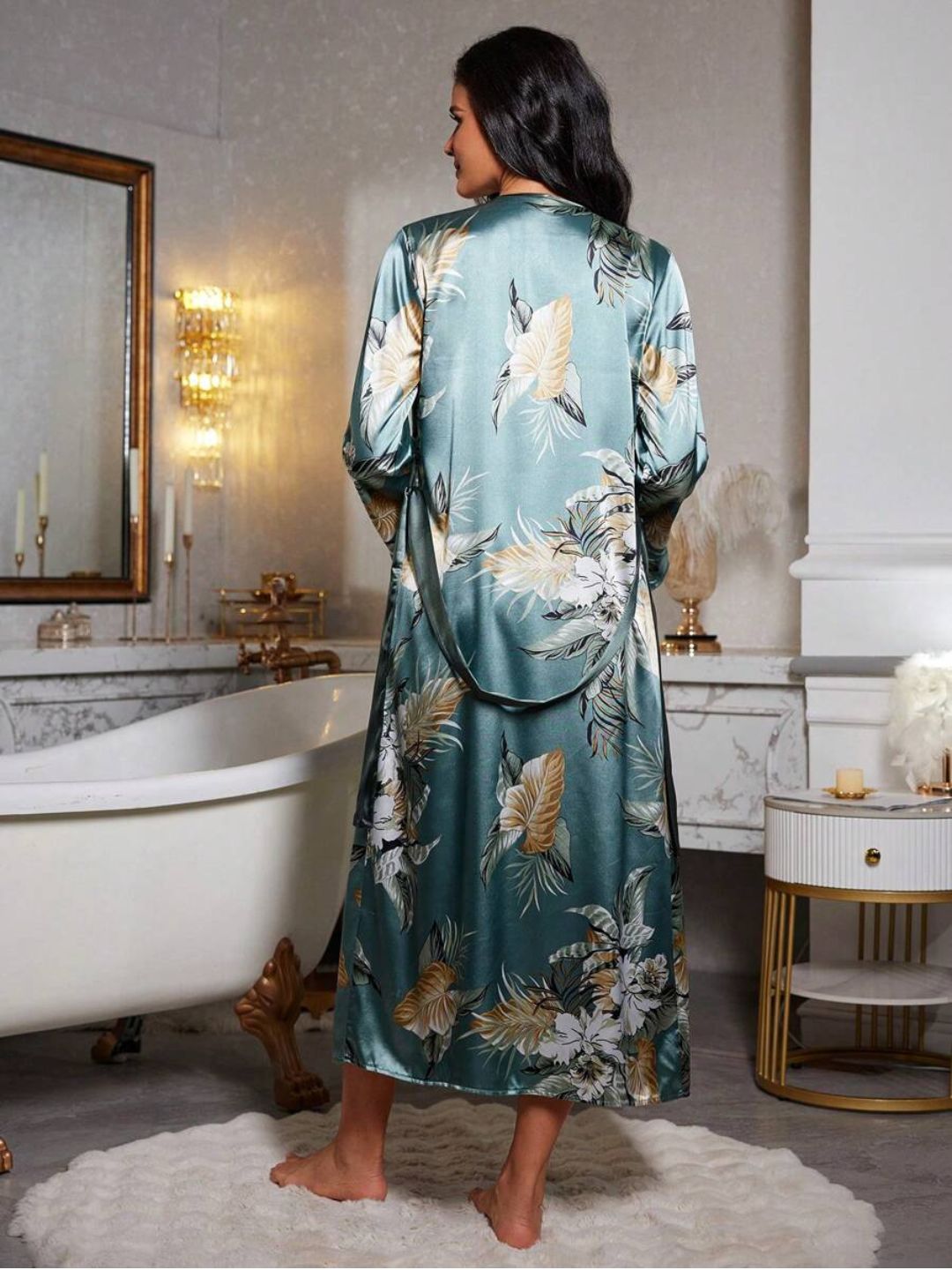 11001-Pink Floral Satin Nightdress with Robe