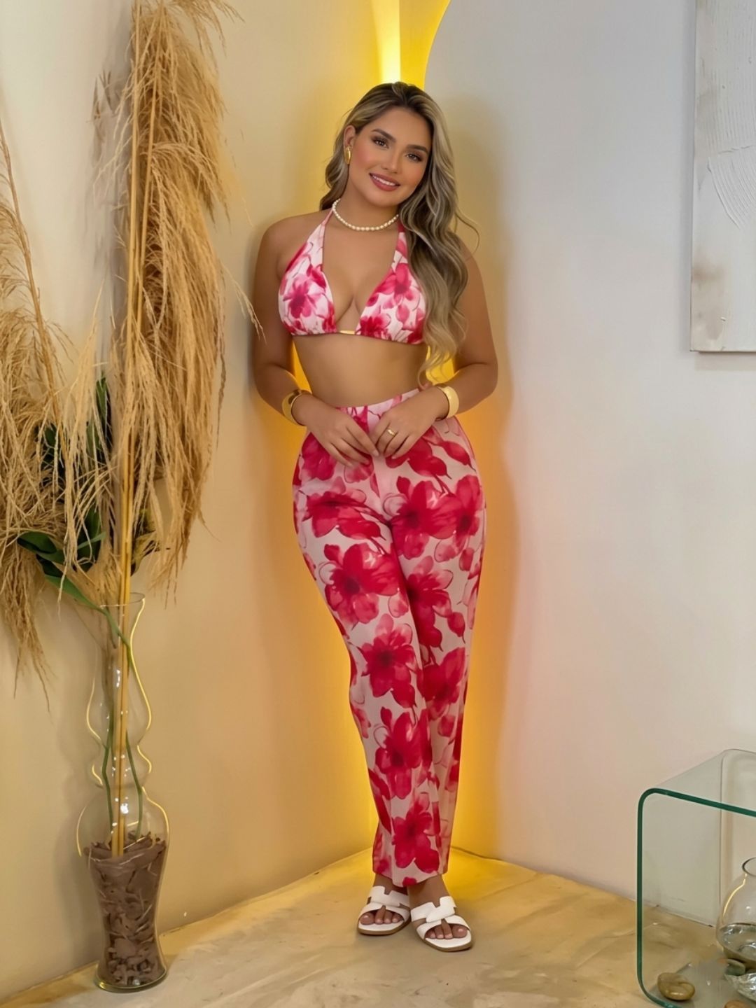 11044-Women Floral Printed Satin Co-Ord Set with Halter Neck Crop Top & Straight Fit Pants