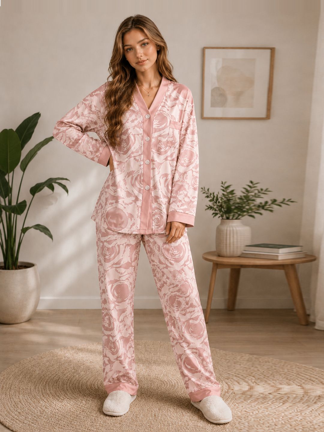 11052- Women Printed Satin Night Suit Set