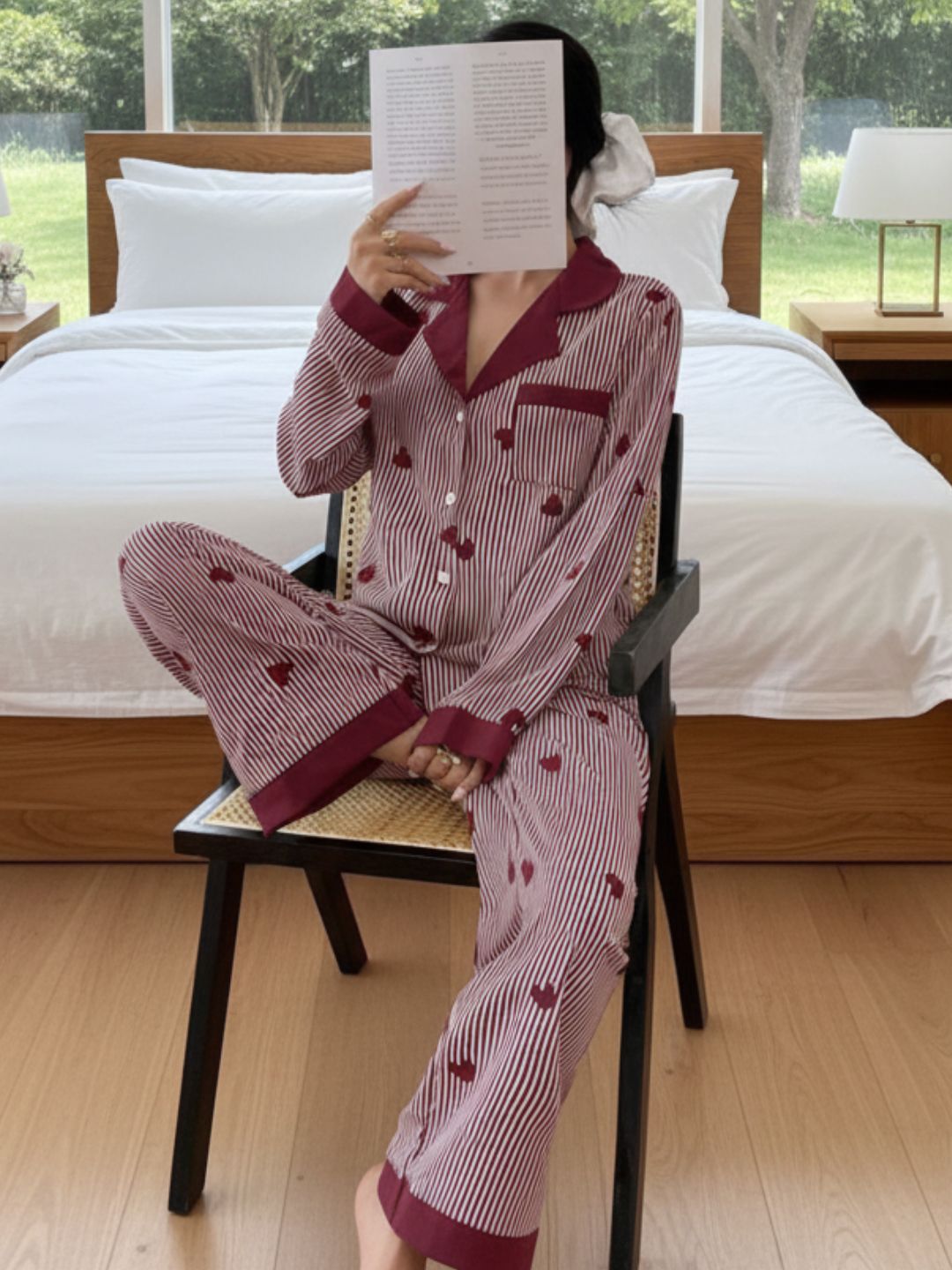 11016-Women Black & White Striped Heart Print Comfortable Shirt & Pyjama Nightwear Set