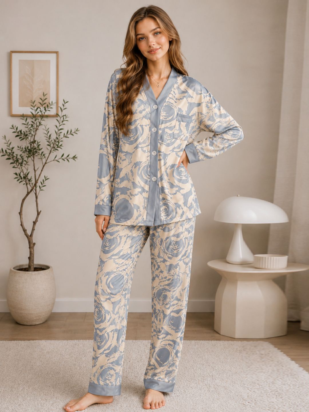 11052- Women Printed Satin Night Suit Set