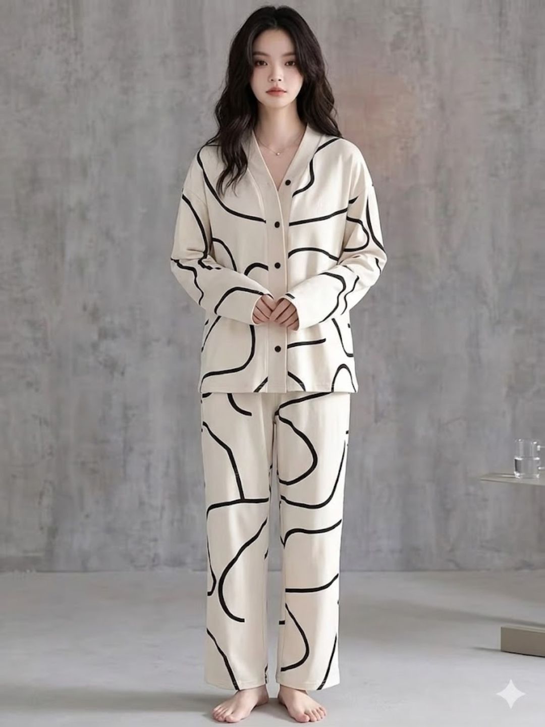 11034-Women Abstract Printed Shirt Collar Night Suit Set