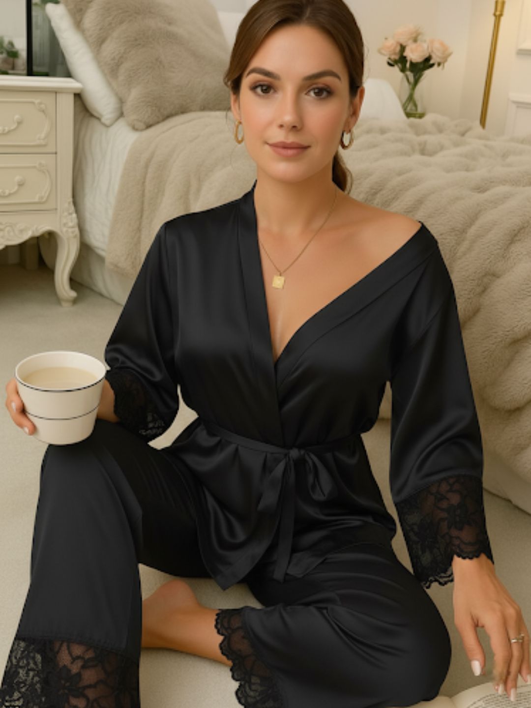 11002-Maroon Satin Nightwear Set with Lace Trim | Luxury Sleepwear For Women