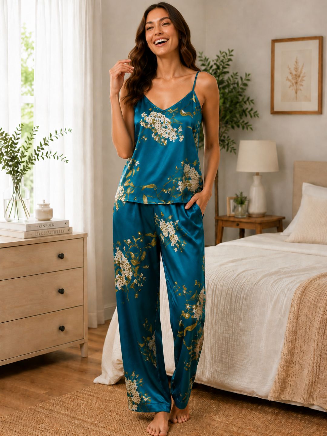 11060-Women Floral Printed Satin Camisole Top with Lounge Pants Night Suit Set
