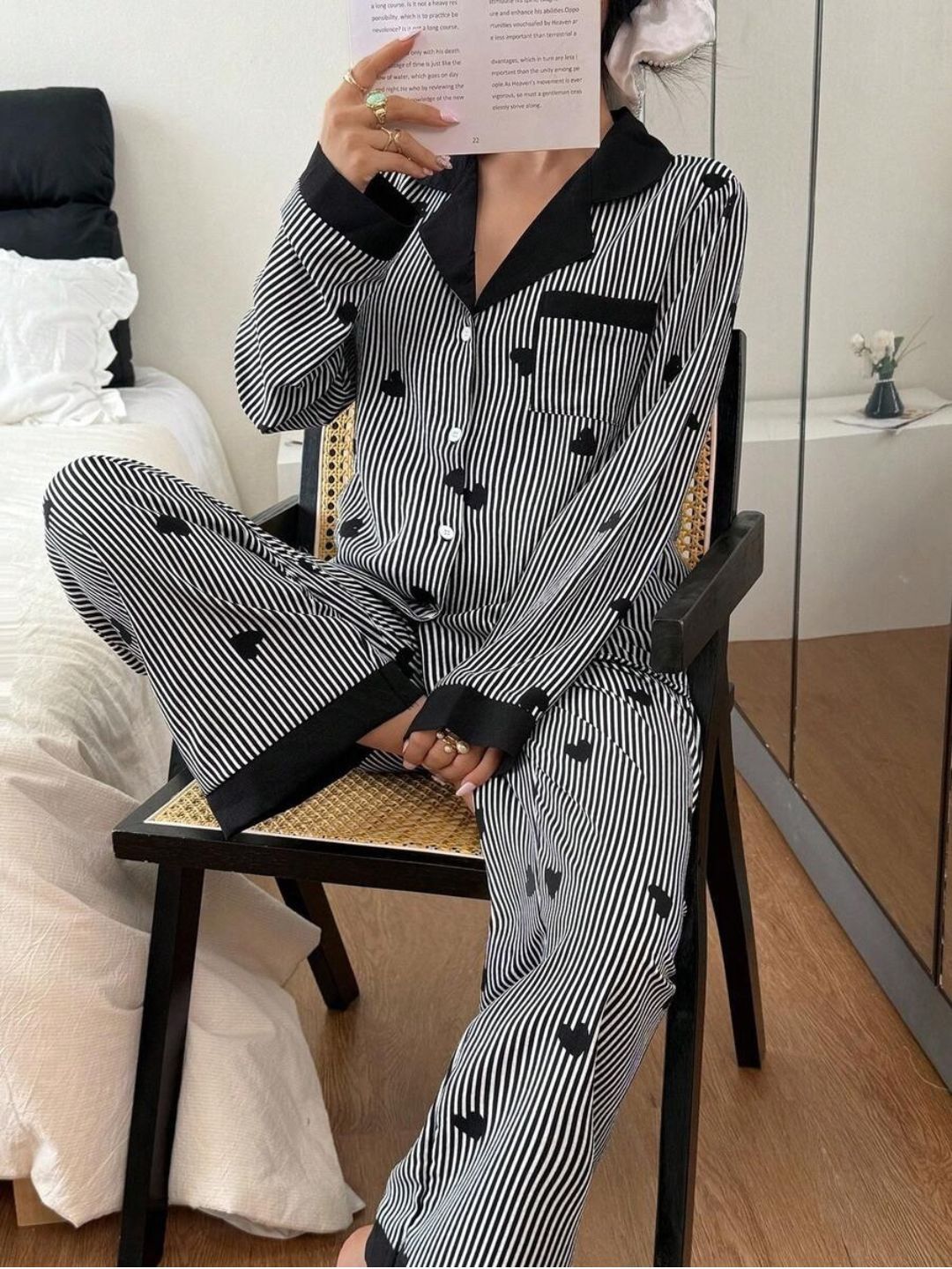 11016-Women Striped Heart Print Comfortable Shirt & Pyjama Nightwear Set