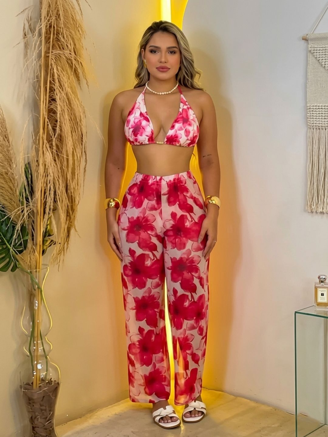 11044-Women Floral Printed Satin Co-Ord Set with Halter Neck Crop Top & Straight Fit Pants