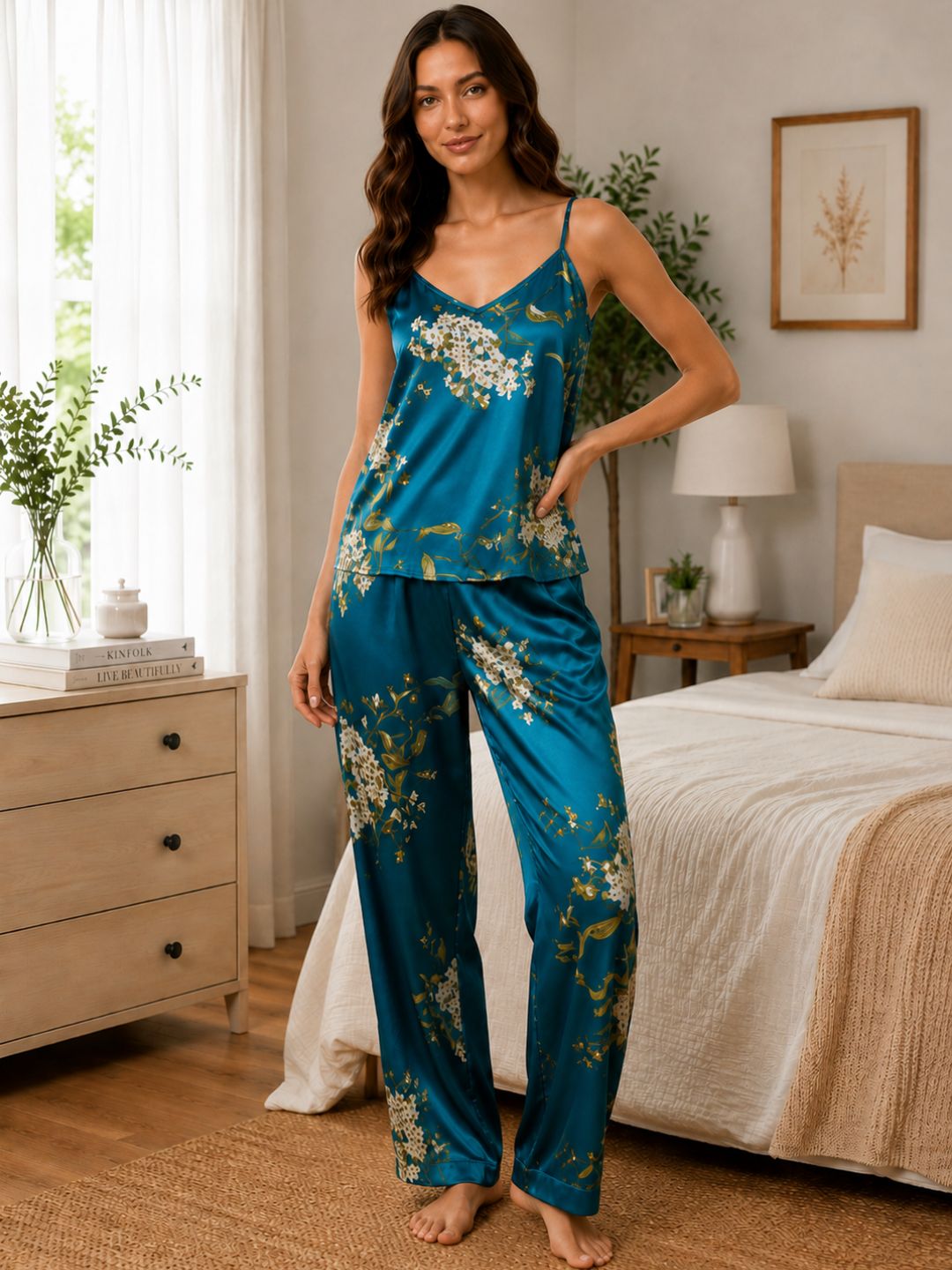 11060-Women Floral Printed Satin Camisole Top with Lounge Pants Night Suit Set