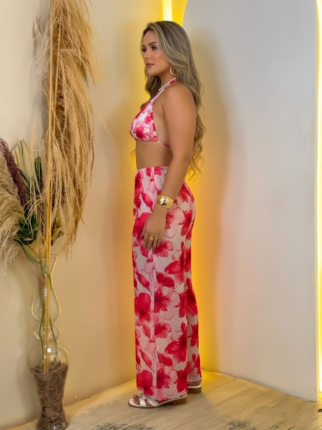 11044-Women Floral Printed Satin Co-Ord Set with Halter Neck Crop Top & Straight Fit Pants