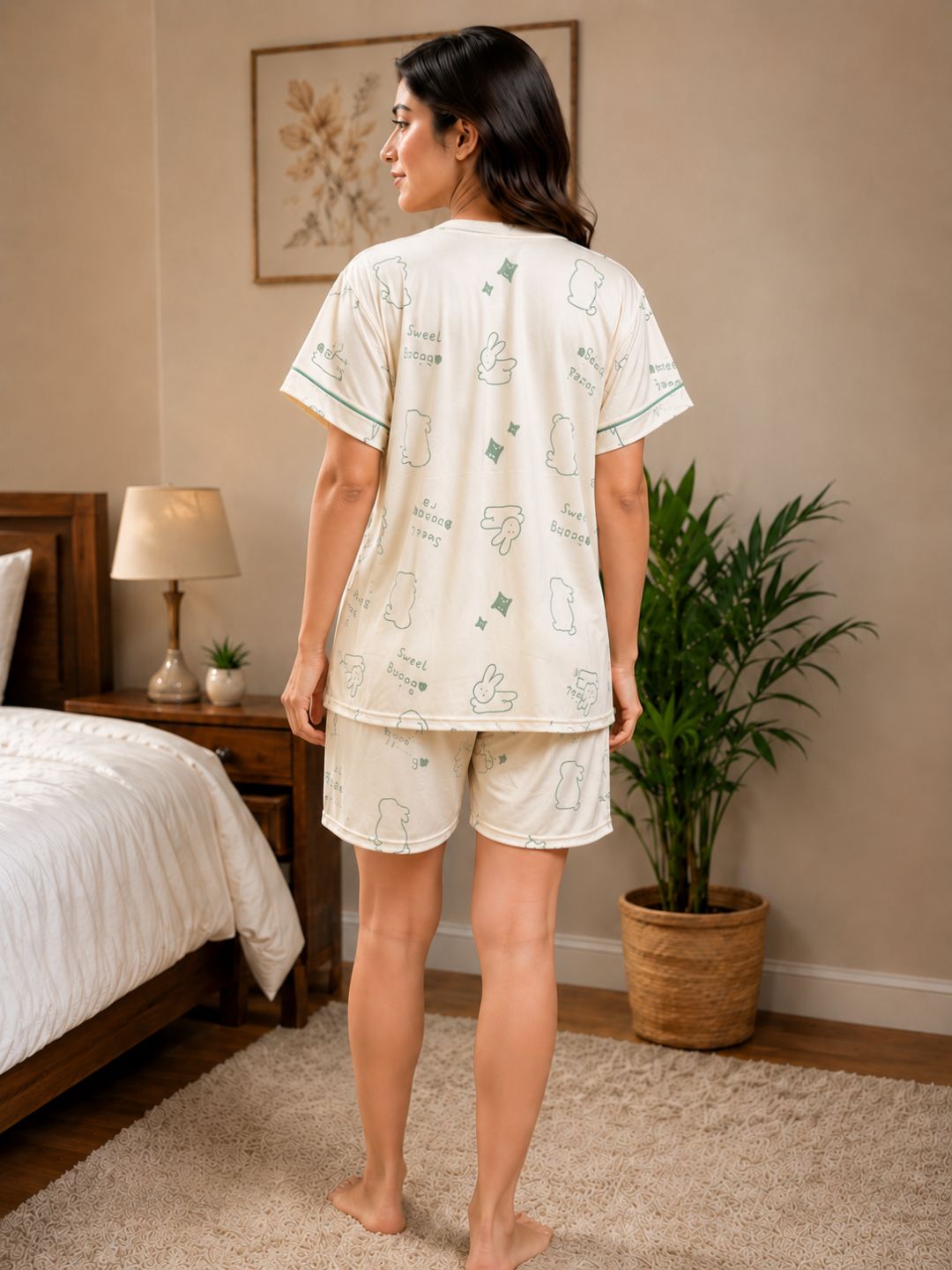 11062-Womens Printed Short Sleeve Top & Shorts Night Suit