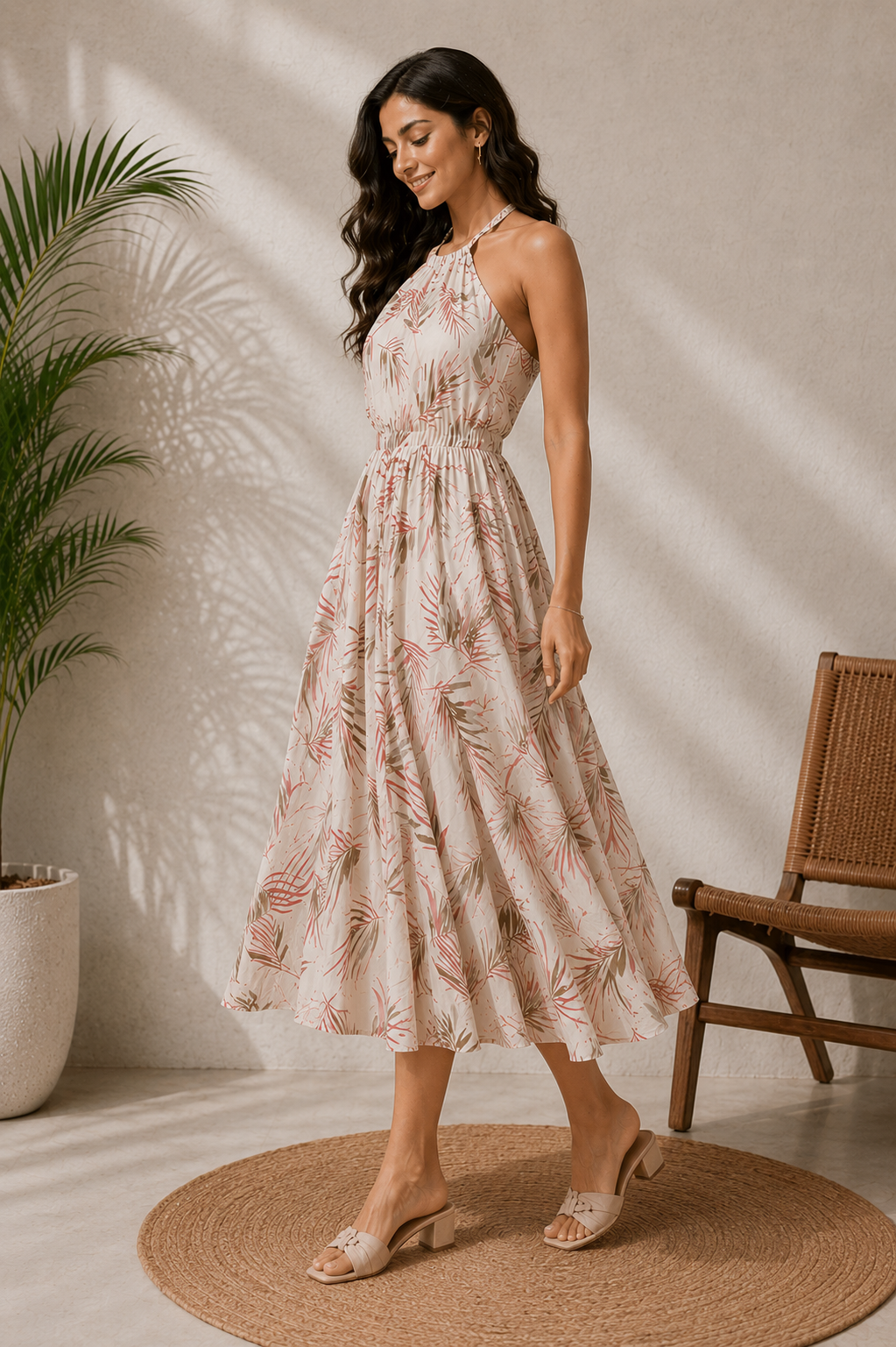 Women's Tropical Palm Print Halter Neck Midi Dress