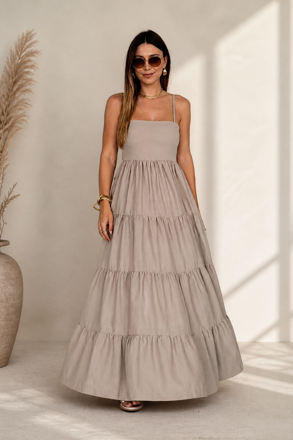 Women's Solid Beige Tiered Maxi Dress