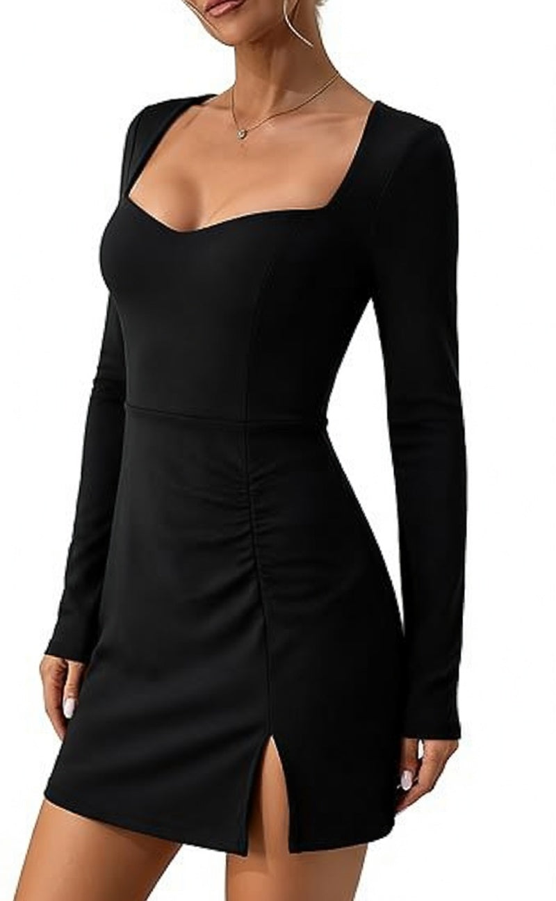 Black Square Neck Long Sleeve Mini Dress
