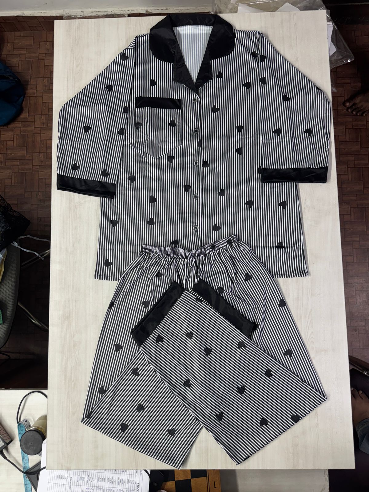 11016-Women Striped Heart Print Comfortable Shirt & Pyjama Nightwear Set