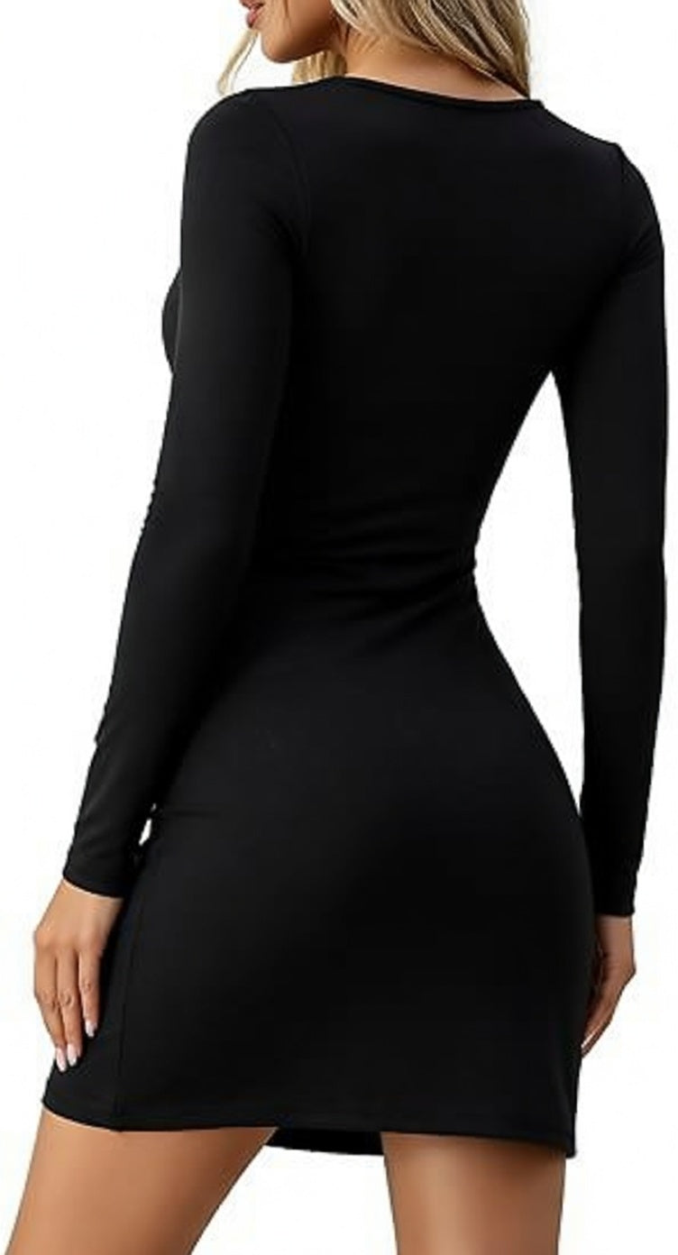 Black Square Neck Long Sleeve Mini Dress